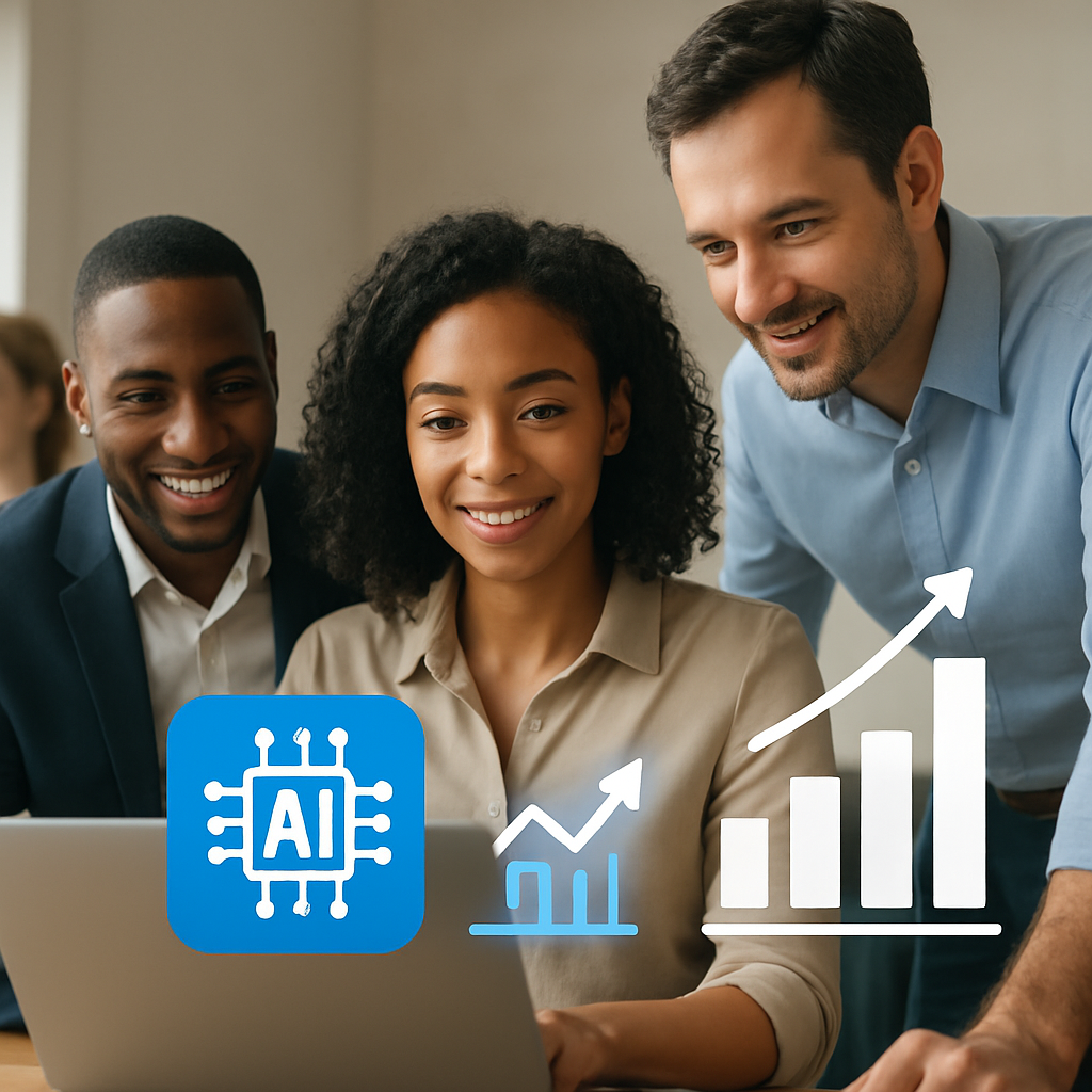 Empleados colaborando en un entorno digital con IA