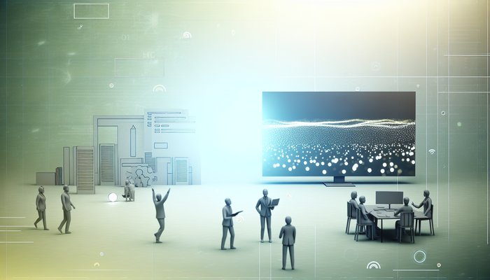 A modern digital workspace showcasing Moodbit's innovative security operations with integrated devices and team collaboration, set in a vibrant tech environment