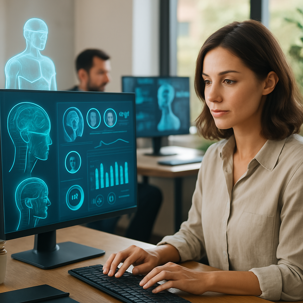 Futuristic HR workspace showing data analysis