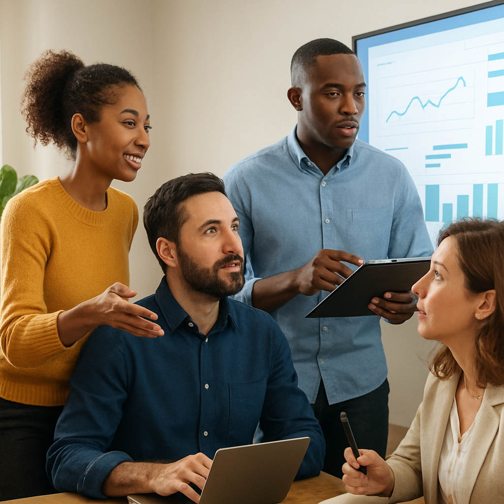 Ilustración dinámica de profesionales de reclutamiento con datos visuales