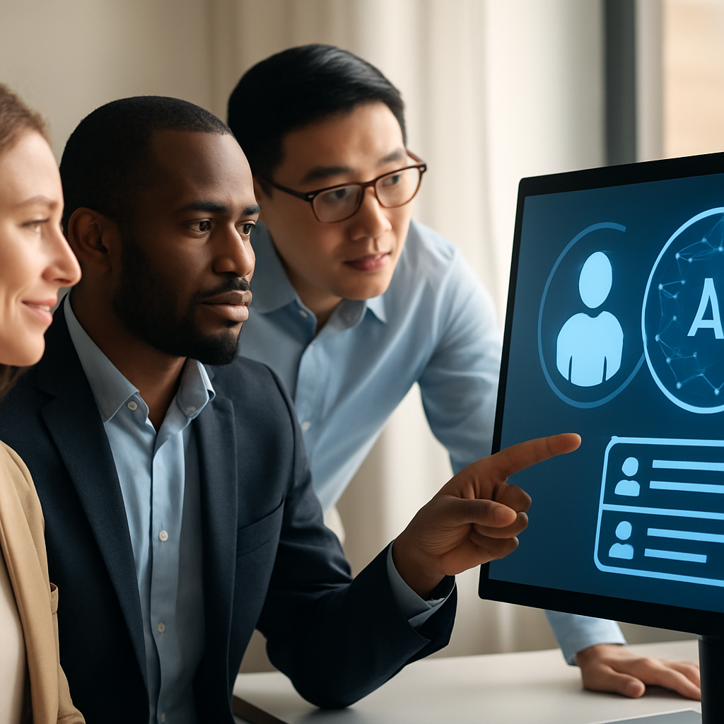 Profesionales diversos colaborando con interfaz de IA en un entorno de reclutamiento ético