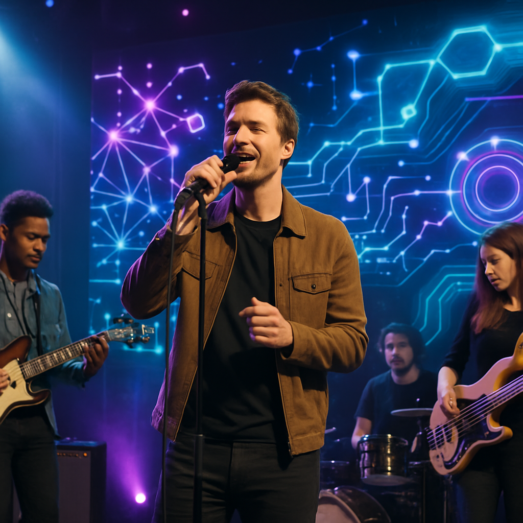 Músicos en escenario moderno con elementos de IA