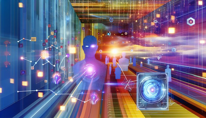 Vibrant digital illustration of AI agents interacting with data streams and sensors