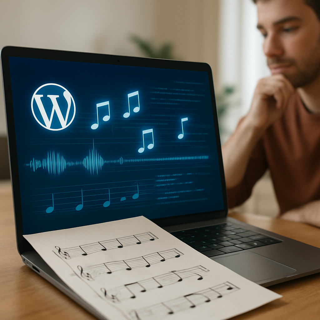 Imagen descriptiva de notas musicales y algoritmos de IA