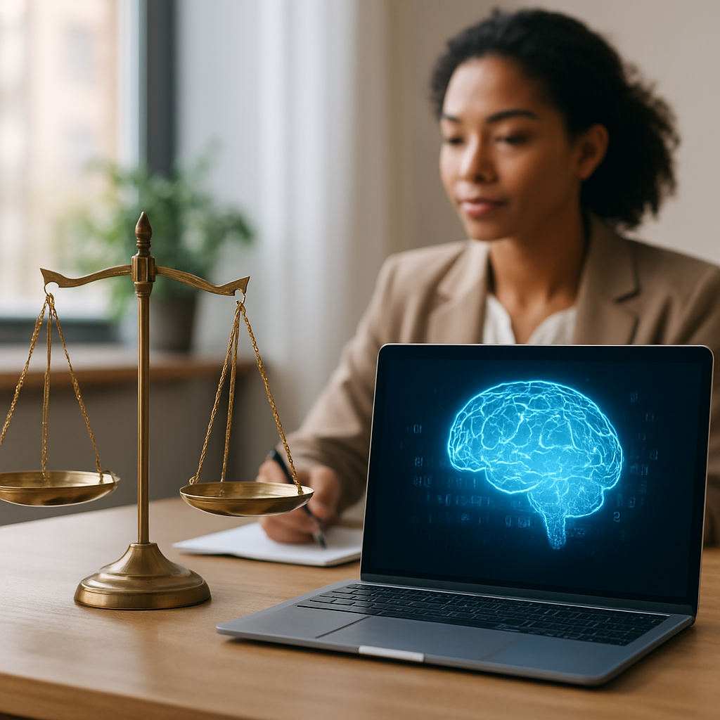 Ilustración de balanza de justicia y algoritmos