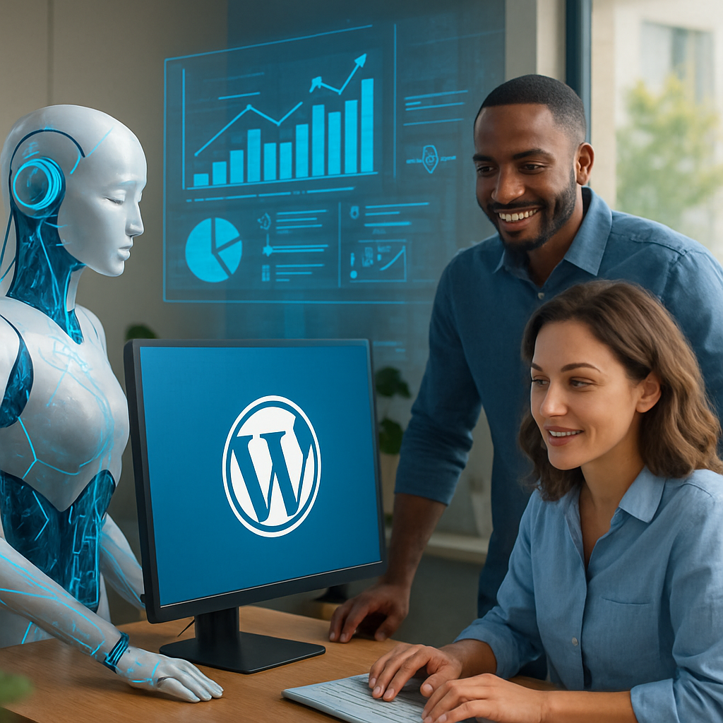 Futuristic workplace with AI and human collaboration