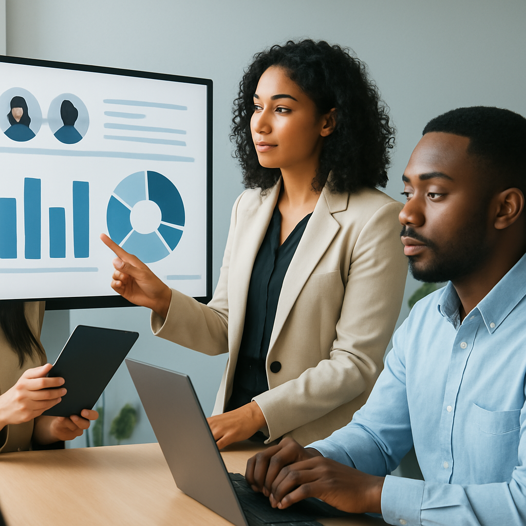 Diverse professionals engaged in dynamic collaboration with digital graphs representing fairness in AI-driven recruitment