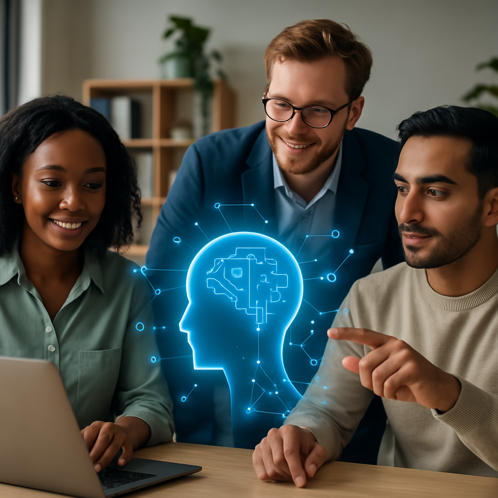 Diverse professionals and futuristic AI interface symbolizing ethical recruitment