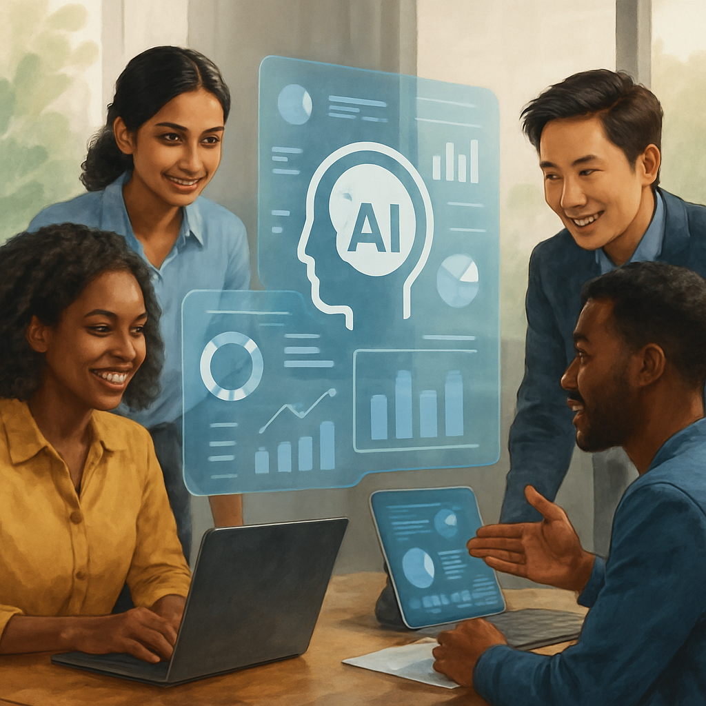 Professional illustration showcasing diverse, innovative professionals collaborating around futuristic AI interface