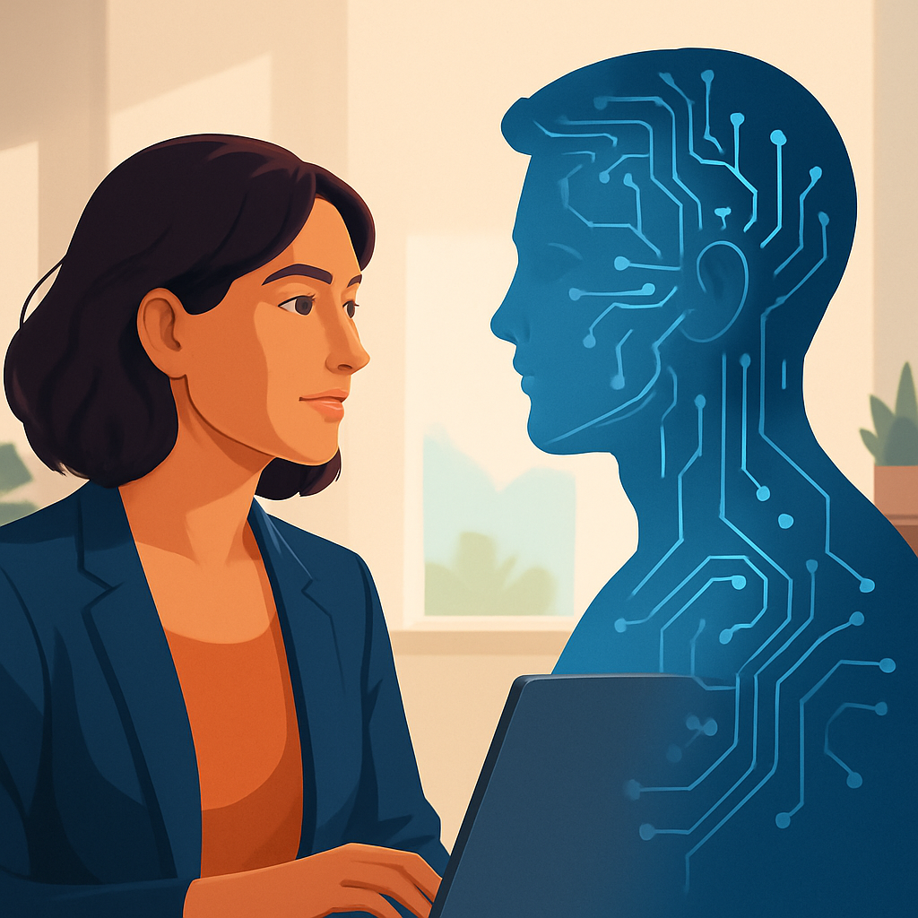 Digital illustration of human figures merging with AI circuits
