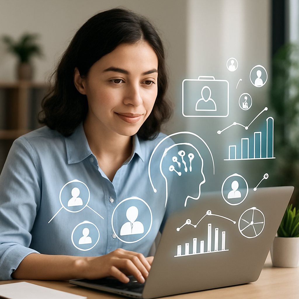 Ilustración digital que muestra transformación digital en RRHH con elementos futuristas y gráficos de análisis de datos